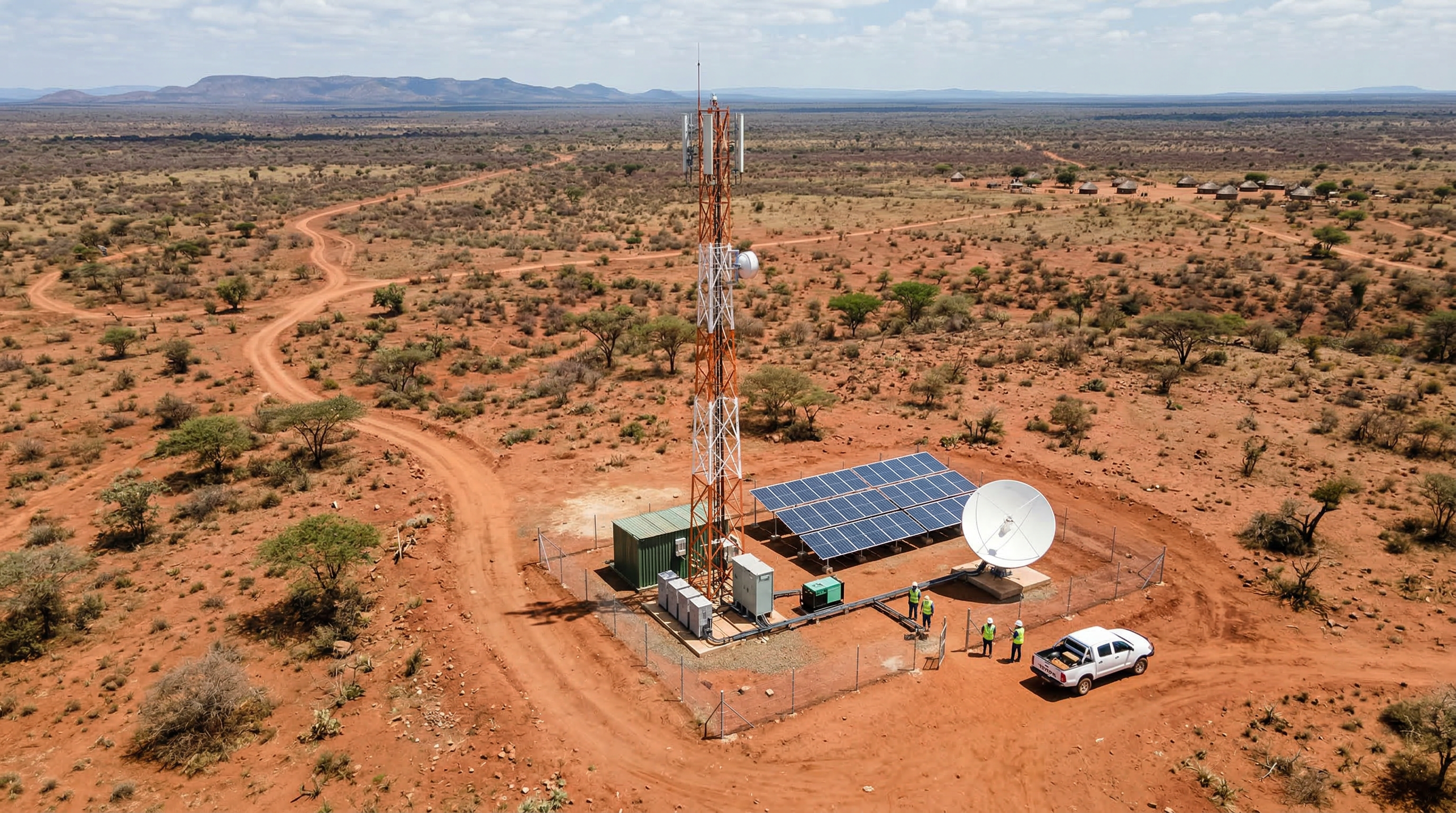 Aerial view of remote infrastructure deployment in Sub-Saharan Africa