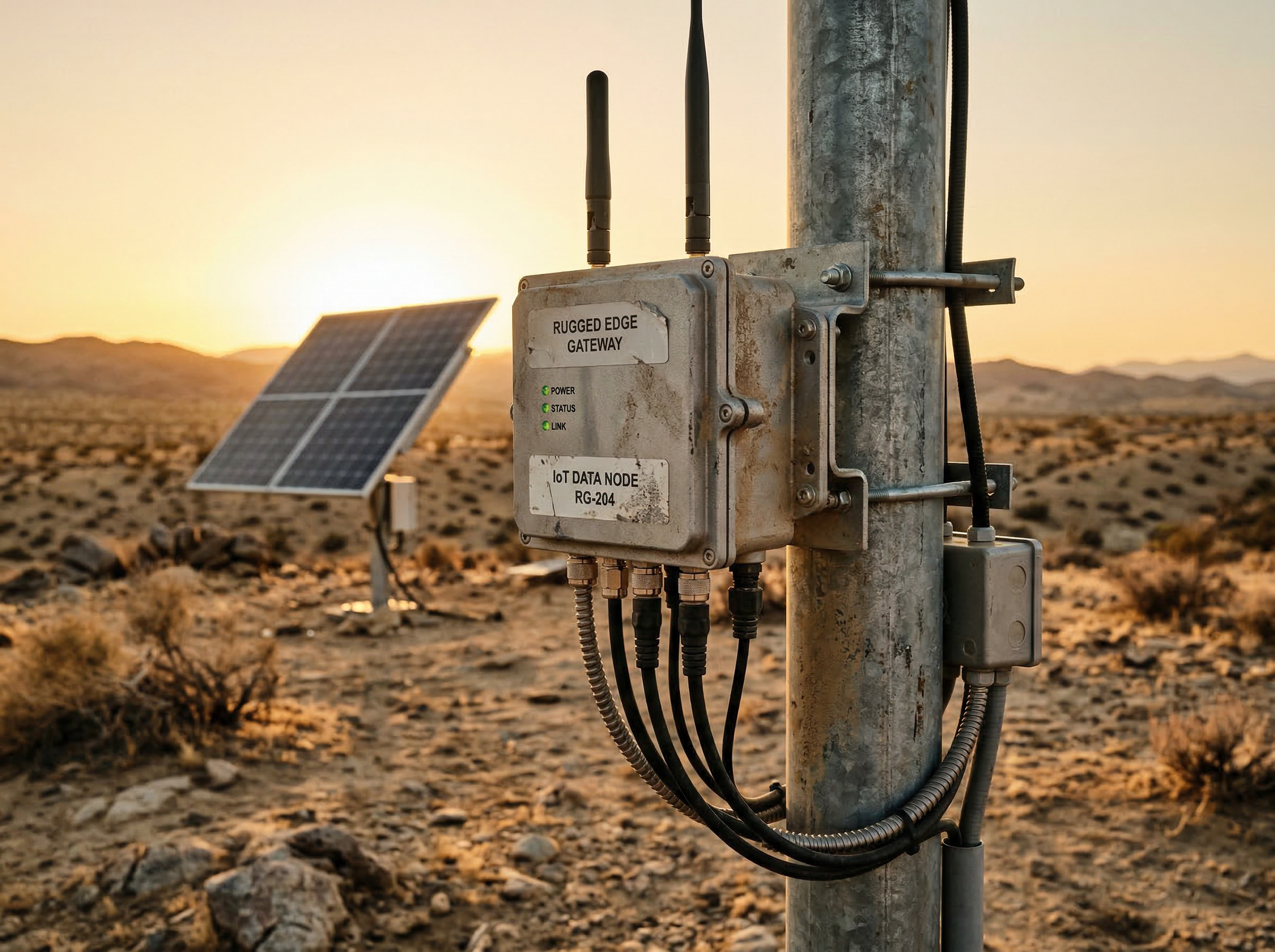 Ruggedized edge computing gateway and IoT sensor node in a remote desert environment